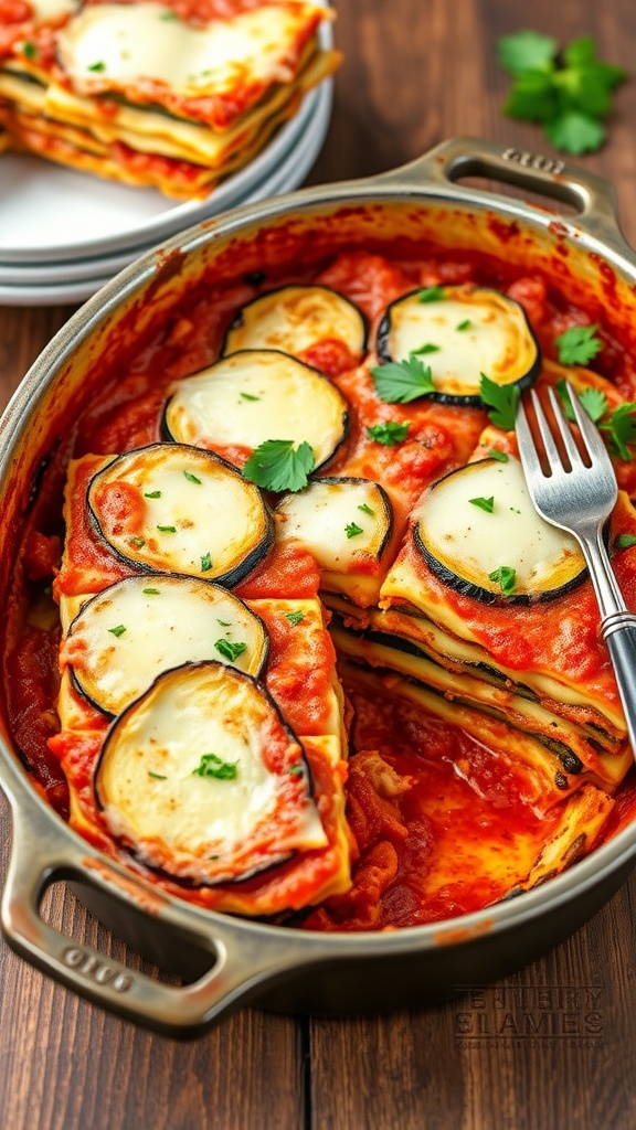 Low-carb vegetable lasagna with zucchini and eggplant layers, rich marinara, and melted cheese.